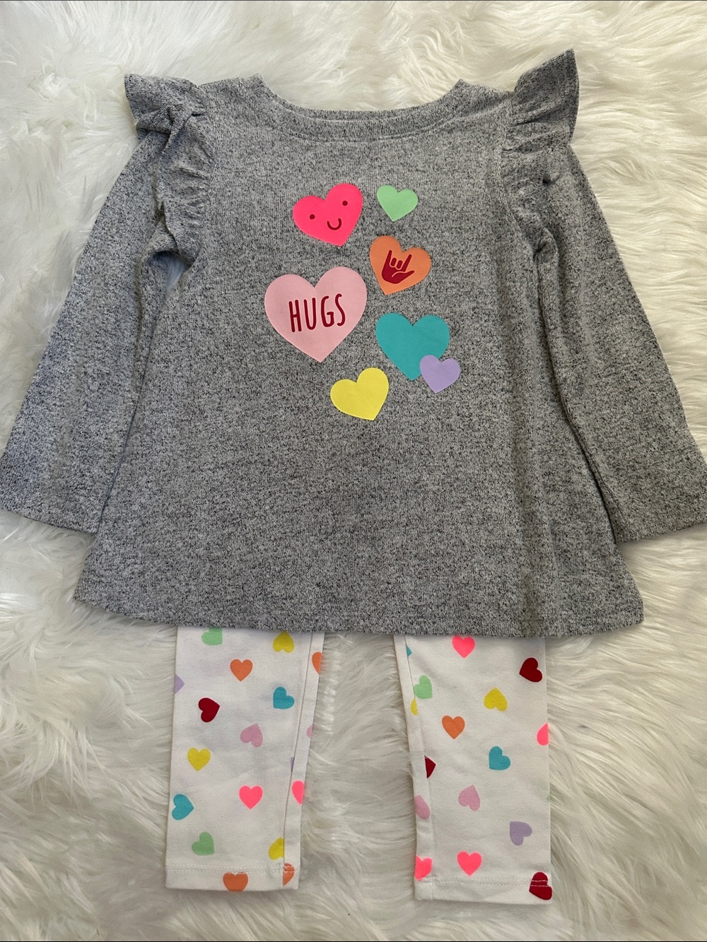 Cat & Jack Grey Top and White Heart Legging Pajama Set with Multicolor Hearts